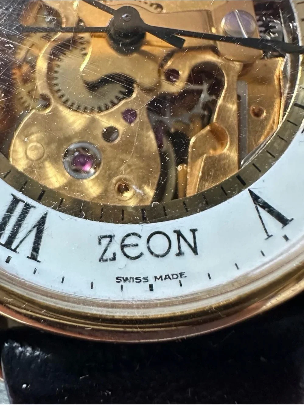 Vintage Men’s Zeon Gold Skeleton Dial Watch with Black Leather Strap